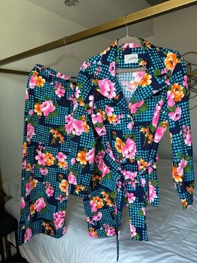 Vintage Floral Long Sleeve Shirt w/ Belt + Palazzo Pant Set Resort Wear XL 70s